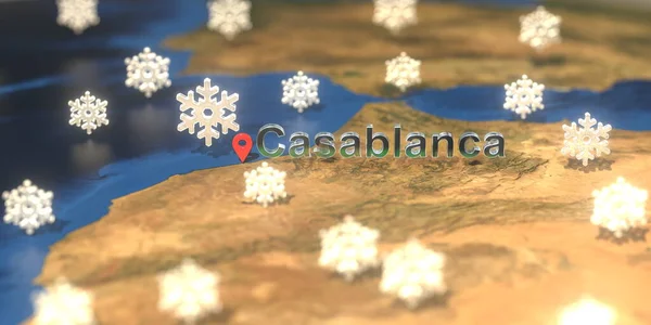 Cidade de Casablanca e ícone do tempo nevado no mapa, previsão meteorológica relacionada renderização 3D — Fotografia de Stock
