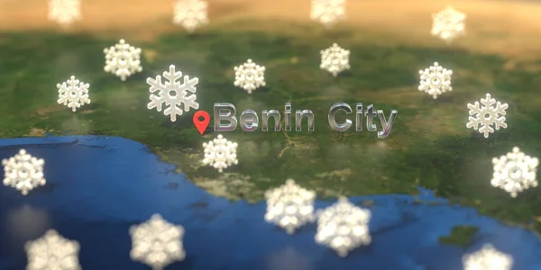 地图上贝宁城附近的雪天图标，天气预报相关3D渲染 — 图库照片