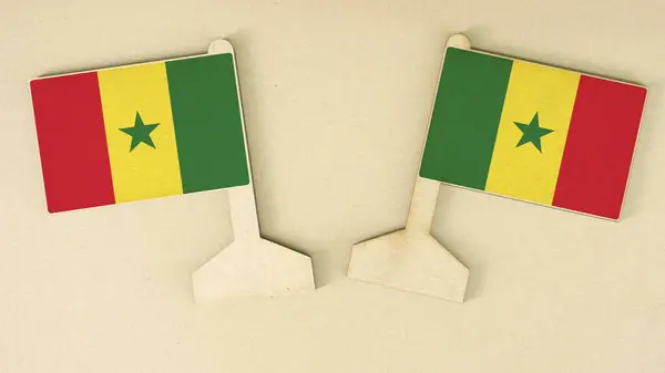 Dos banderas de Senegal hechas de papel reciclado en el escritorio de cartón, diseño plano — Foto de Stock