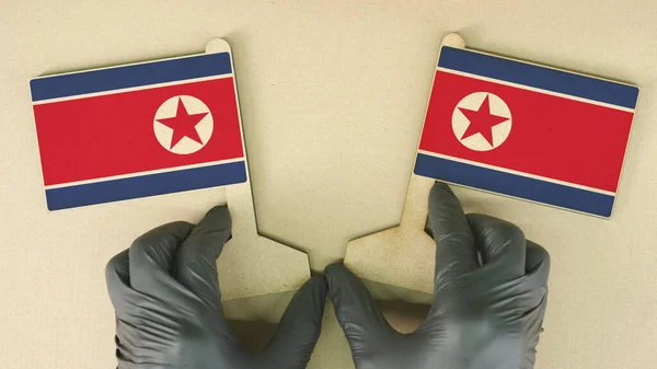 Σημαίες της Βόρειας Κορέας κατασκευασμένες από ανακυκλωμένο χαρτί στο τραπέζι από χαρτόνι — Φωτογραφία Αρχείου