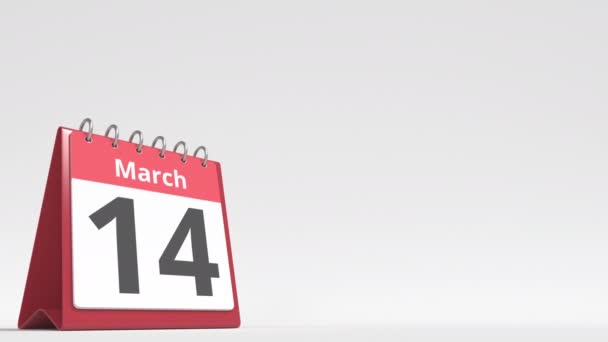 15 марта дата на странице календаря флип-стола, пустое место для пользовательского текста, 3D анимация — стоковое видео