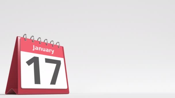 18 de enero fecha en la página del calendario del flip desk, espacio en blanco para el texto del usuario, animación 3d — Vídeo de stock