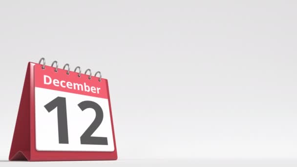 13 december datum op de flip desk kalender pagina, lege ruimte voor gebruikerstekst, 3d animatie — Stockvideo