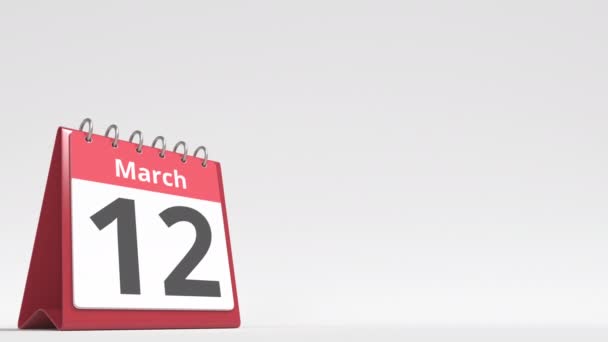 13 marzo data sulla pagina del calendario flip desk, spazio vuoto per il testo utente, animazione 3d — Video Stock