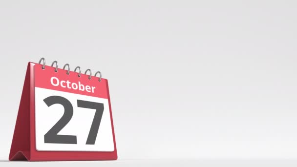 28 de octubre fecha en la página del calendario del flip desk, espacio en blanco para el texto del usuario, animación 3d — Vídeos de Stock