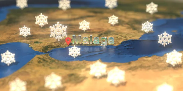 Ícones do tempo nevado perto da cidade de Málaga no mapa, previsão meteorológica relacionada renderização 3D — Fotografia de Stock