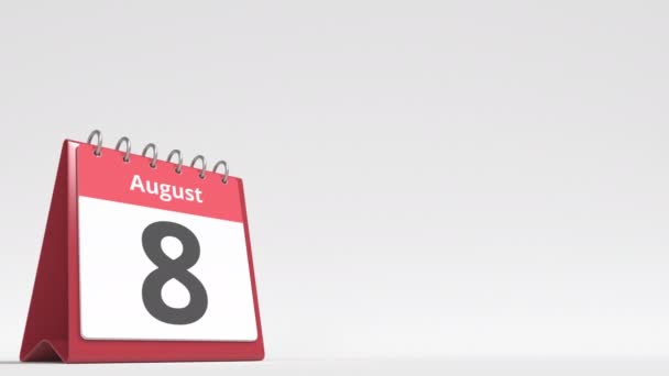 Fecha del 9 de agosto en la página del calendario del flip desk, espacio en blanco para el texto del usuario, animación 3d — Vídeos de Stock