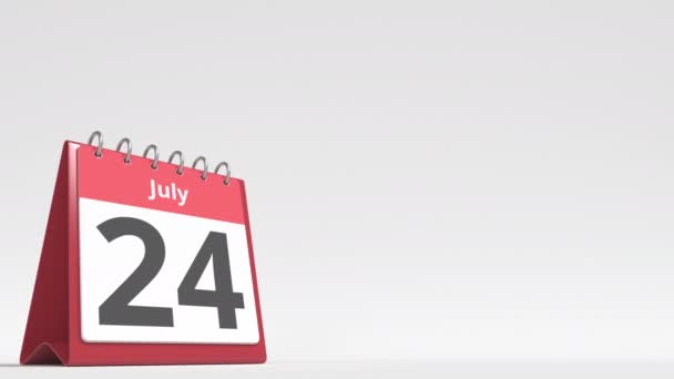 25 липня дата на сторінці календаря фліп-столу, порожнє місце для тексту користувача, 3d анімація — стокове відео
