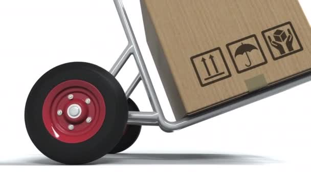 REGALO DE NAVIDAD texto en cartón en un carro de entrega aislado animación 3d — Vídeo de stock