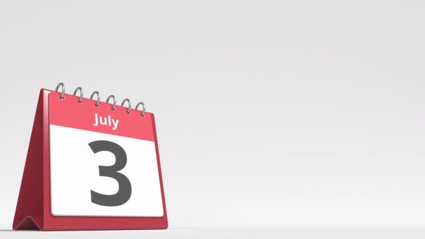 July 4 date on the flip desk calendar page, blank space for user text, 3d animation — Vídeo de Stock