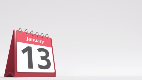 January 14 date on the flip desk calendar page, blank space for user text, 3d animation — 비디오