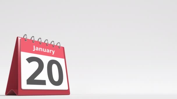 21 січня дата на сторінці календаря стола, порожній простір для тексту користувача, 3d анімація — стокове відео