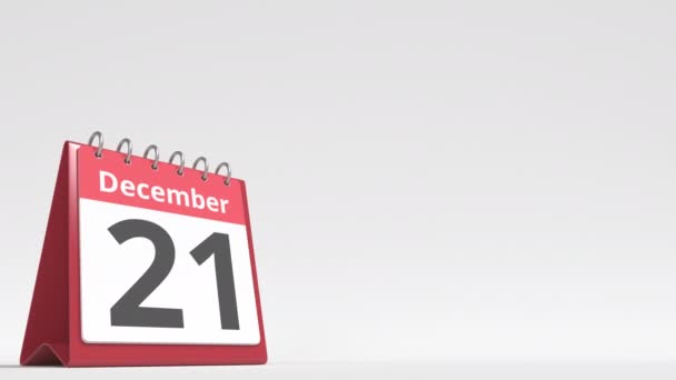 22 decembrie data pe pagina calendarului flip desk, spațiu gol pentru textul utilizatorului, animație 3d — Videoclip de stoc