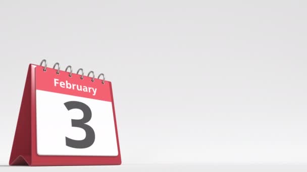 Datum 4. února na stránce kalendáře flip desk, prázdné místo pro uživatelský text, 3D animace — Stock video
