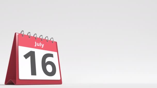 July 17 date on the flip desk calendar page, blank space for user text, 3d animation — Video Stock