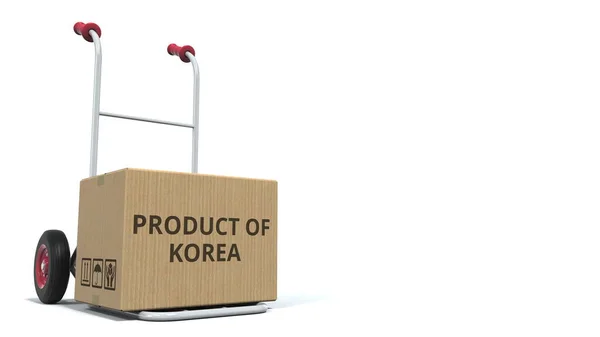 PRODUKT VON KOREA Text auf Karton, der auf einen Lieferwagen geladen wurde. 3D-Darstellung — Stockfoto