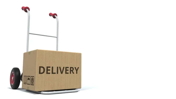 DELIVERY text on carton on an isolated delivery cart 3d rendering — Stock Photo, Image