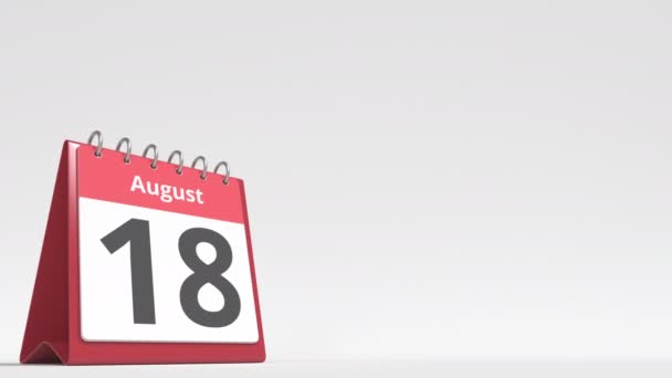 19 de agosto fecha en la página del calendario del flip desk, espacio en blanco para el texto del usuario, animación 3d — Vídeos de Stock