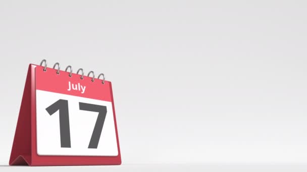 18 липня дата на сторінці календаря фліп-столу, порожній простір для тексту користувача, 3d анімація — стокове відео