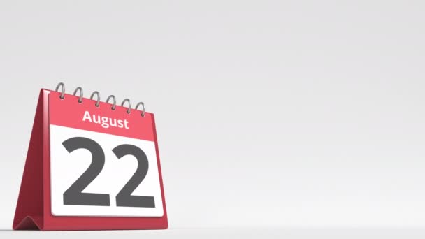 August 23 date on the flip desk calendar page, blank space for user text, 3d animation — ストック動画