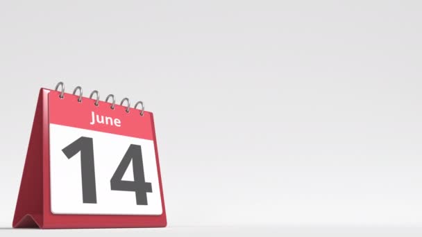 15 червня дата на сторінці календаря стола, порожній простір для тексту користувача, 3d анімація — стокове відео