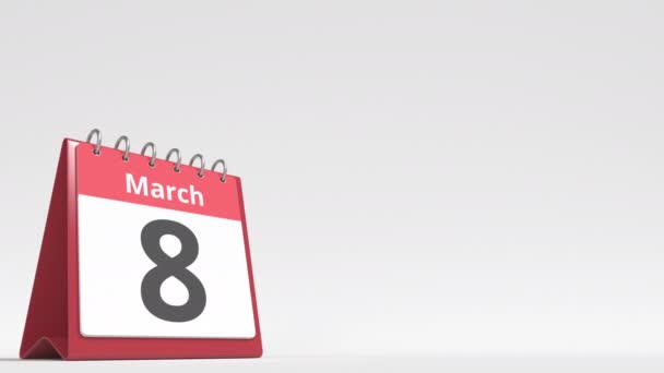 Datum 9. března na stránce kalendáře flip desk, prázdné místo pro uživatelský text, 3D animace — Stock video