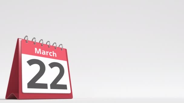 23 de marzo fecha en la página del calendario del flip desk, espacio en blanco para el texto del usuario, animación 3d — Vídeo de stock