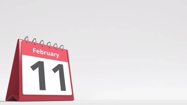 12 februari datum op de flip desk kalender pagina, lege ruimte voor gebruikerstekst, 3d animatie — Stockvideo