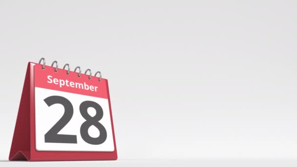 9 월 29 일, 사용자 텍스트를 위한 빈 칸 , 3d 애니메이션 플립 데스크 달력 페이지 — 비디오