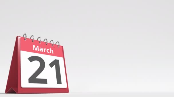 22 марта дата на странице календаря флип-стола, пустое место для пользовательского текста, 3D анимация — стоковое видео