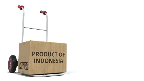 PRODUKTINFORMATION AV INDONESIEN text på kartong på en isolerad leverans vagn 3d rendering — Stockfoto