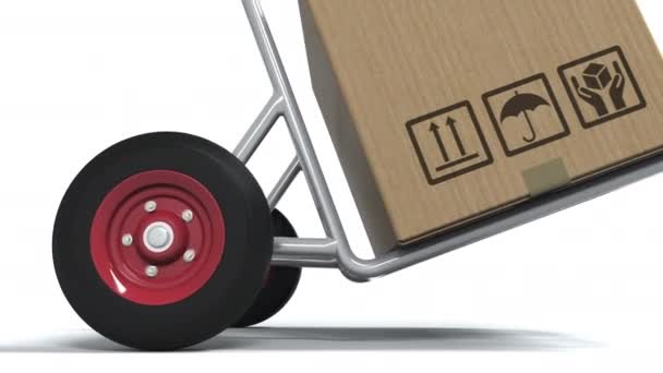 美国关于孤立送货推车3D动画纸箱的文本的制作 — 图库视频影像