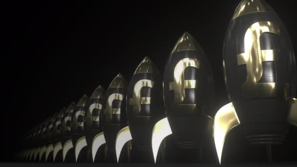 Libra esterlina símbolo de dinero en los cohetes de oro y negro, looping animación financiera 3d. Conceptos de éxito de la inversión, fintech o crecimiento económico — Vídeo de stock