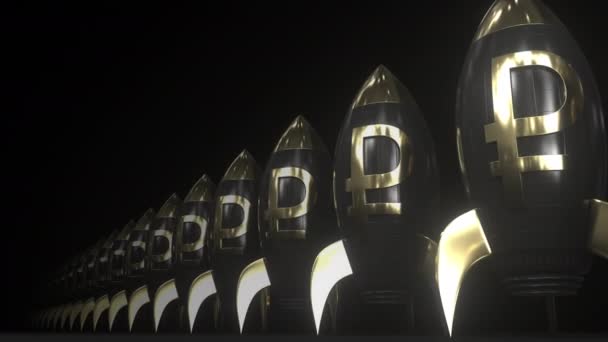 Символ рублевых денег на черно-золотых ракетах, зацикленная финансовая 3D анимация. Успех инвестиций, финтех или концепция экономического роста — стоковое видео