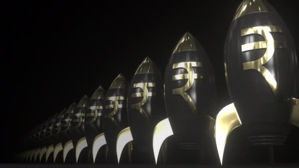 Rupee money symbol on black and gold rockets, looping financial 3d animation. Investment success, fintech or economic rise concepts — Wideo stockowe