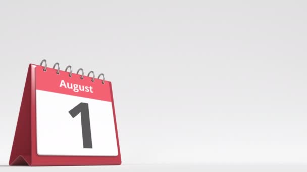 2 augustus datum op de flip desk kalender pagina, lege ruimte voor gebruikerstekst, 3d animatie — Stockvideo