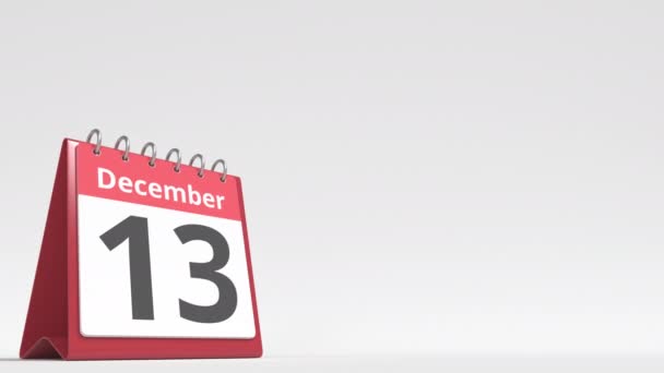 December 14 dato på flip desk kalender side, tom plads til brugerens tekst, 3d animation – Stock-video