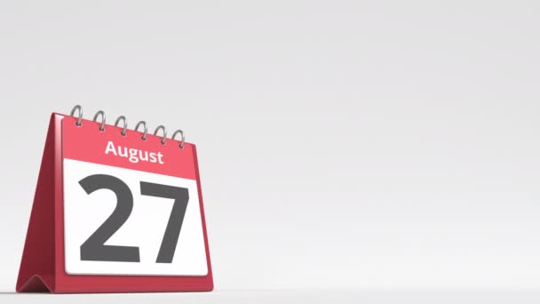 28 augustus datum op de flip desk kalender pagina, lege ruimte voor gebruikerstekst, 3d animatie — Stockvideo