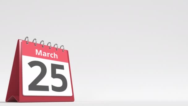 26. března datum na stránce kalendáře flip desk, prázdné místo pro uživatelský text, 3D animace — Stock video