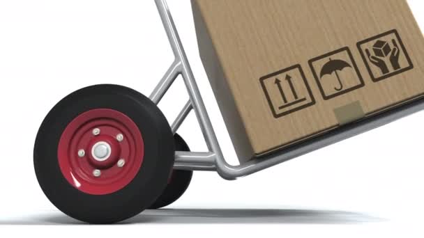 PRODUCTO DE ISRAEL texto en caja de cartón cargado en un carrito de entrega. animación 3d — Vídeo de stock
