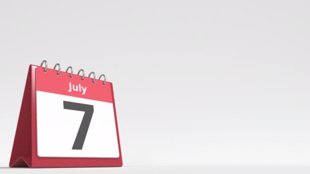 8 juli datum op de flip desk kalender pagina, lege ruimte voor gebruikerstekst, 3d animatie — Stockvideo