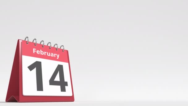 15. února datum na stránce flip desk kalendáře, prázdné místo pro uživatelský text, 3D animace — Stock video