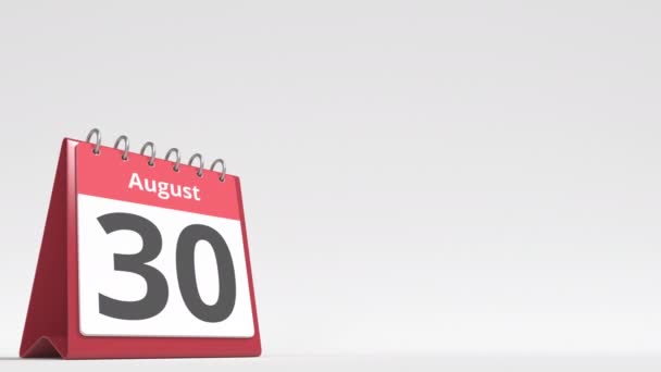 31 августа дата на странице календаря флип-стола, пустое место для пользовательского текста, 3D анимация — стоковое видео
