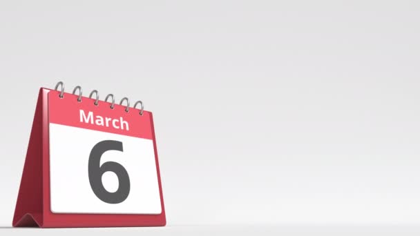 Março 7 data na página de calendário flip desk, espaço em branco para o texto do usuário, animação 3d — Vídeo de Stock