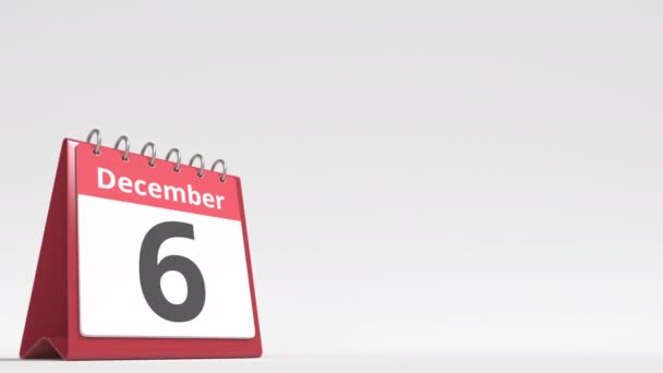 7 décembre date sur la page calendrier flip desk, espace vide pour le texte de l'utilisateur, animation 3D — Video