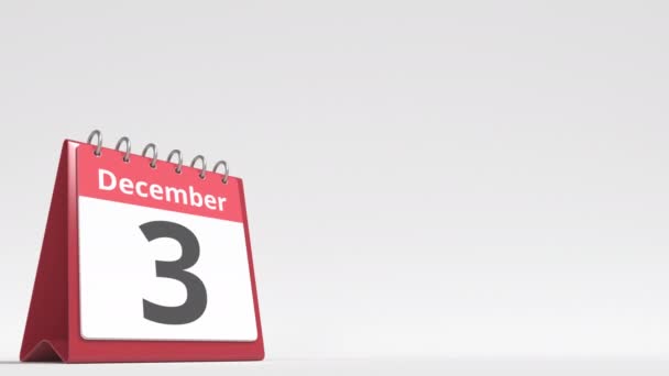 4 décembre date sur la page calendrier flip desk, espace vide pour le texte de l'utilisateur, animation 3D — Video