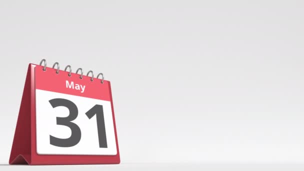 Datum 1. června na stránce kalendáře flip desk, prázdné místo pro uživatelský text, 3D animace — Stock video