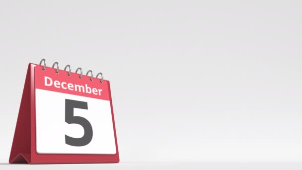 6 décembre date sur la page calendrier flip desk, espace vide pour le texte de l'utilisateur, animation 3D — Video