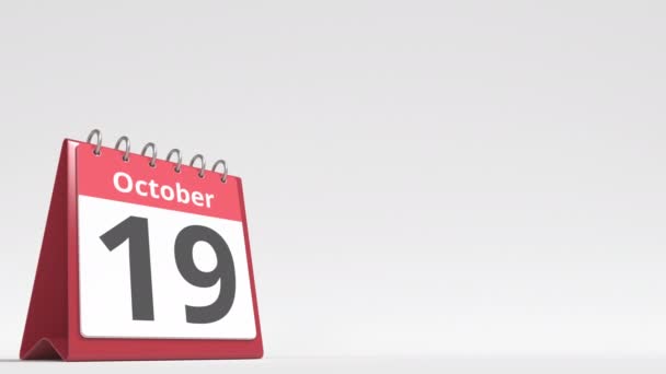 10月20日在书桌日历页上,空白的用户文字空间, 3D动画 — 图库视频影像