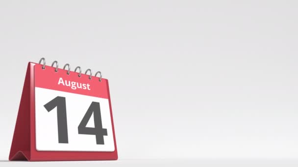 15 de agosto fecha en la página del calendario del flip desk, espacio en blanco para el texto del usuario, animación 3d — Vídeos de Stock